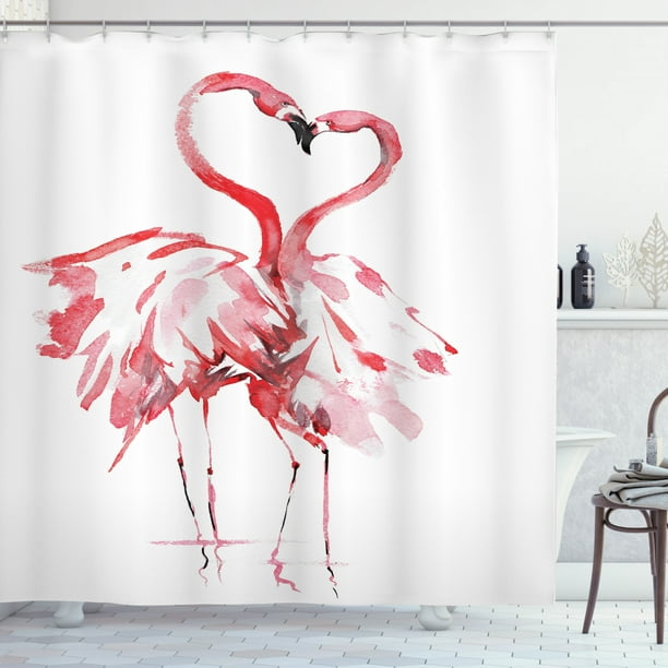 Ambesonne Flamingo Decor Shower Curtain Set 69W X 70L Inches Green Pink Flamingos with Exotic Hawaiian Leaves and Flowers On Striped Vintage Background Bathroom Accessories 